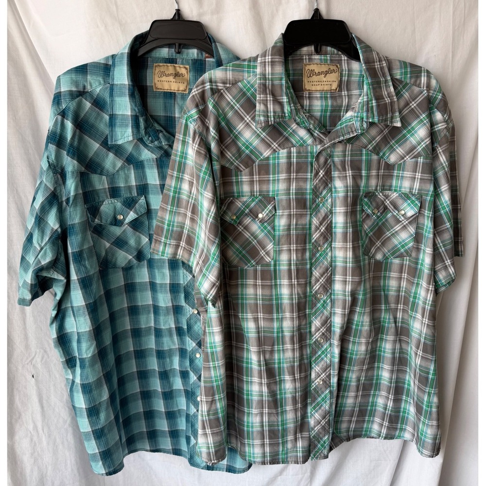 Wrangler Bundle of 2 Western Snap Shirt Blue Green Plaid Short Sleeve Mens 3XL